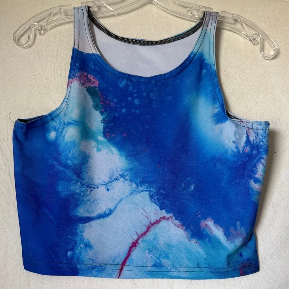 By Rachel Pierce Blue Fluid Art Activewear Set Crop Top Leggings Large